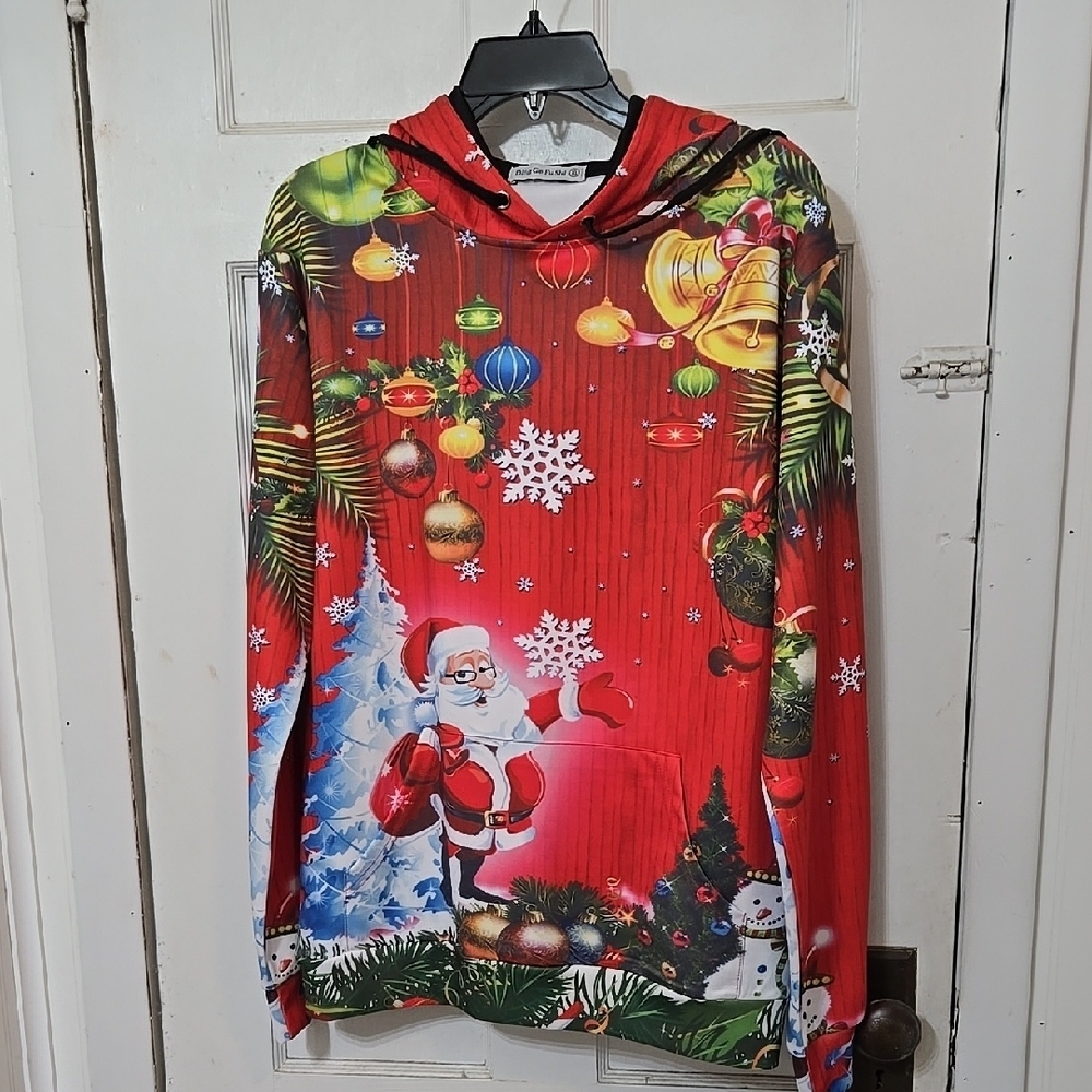 Festive Christmas Hoodie with Santa and Ornaments Front Pouch XL